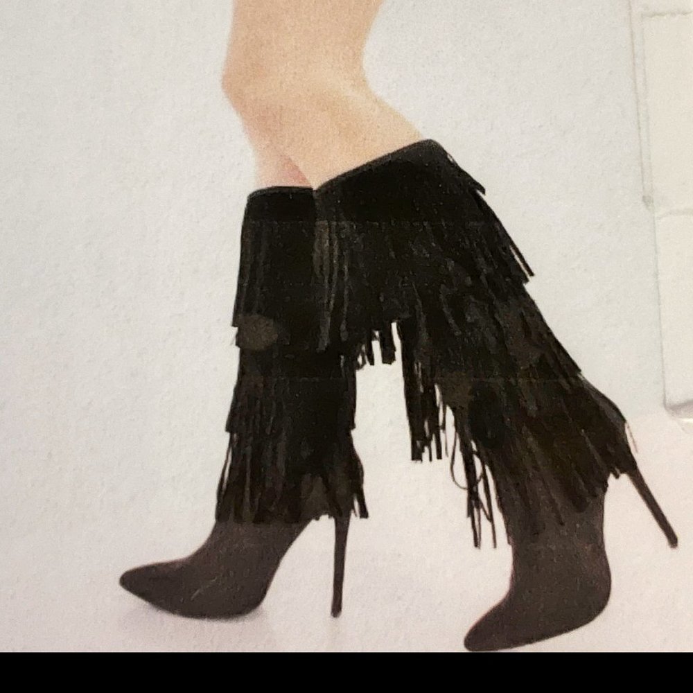 COPY - Allba Black Fringe Faux Suede heeled boots. Size 6.5
